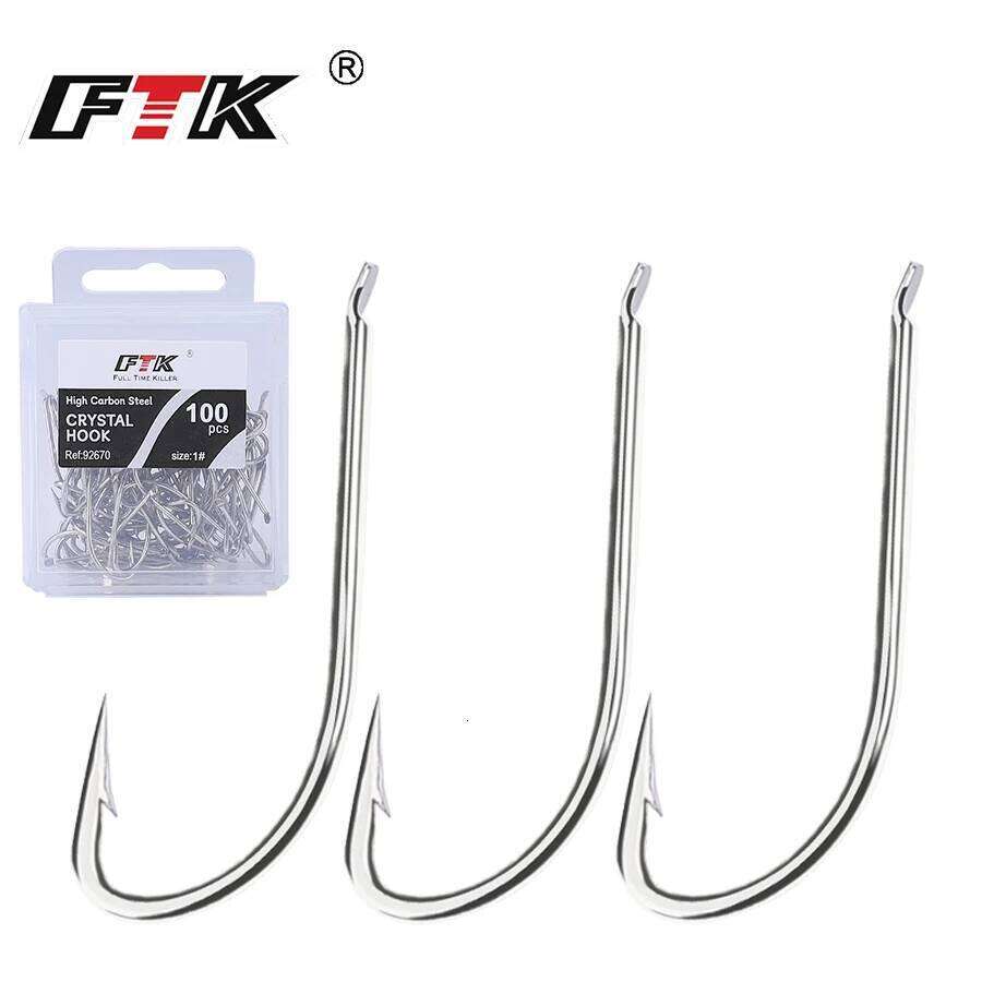 FTK 100PCS Saltwater High Carbon Steel White Single Worm Hook Crank Barbed Fishhook for Bass Fishing Tackle Z260128