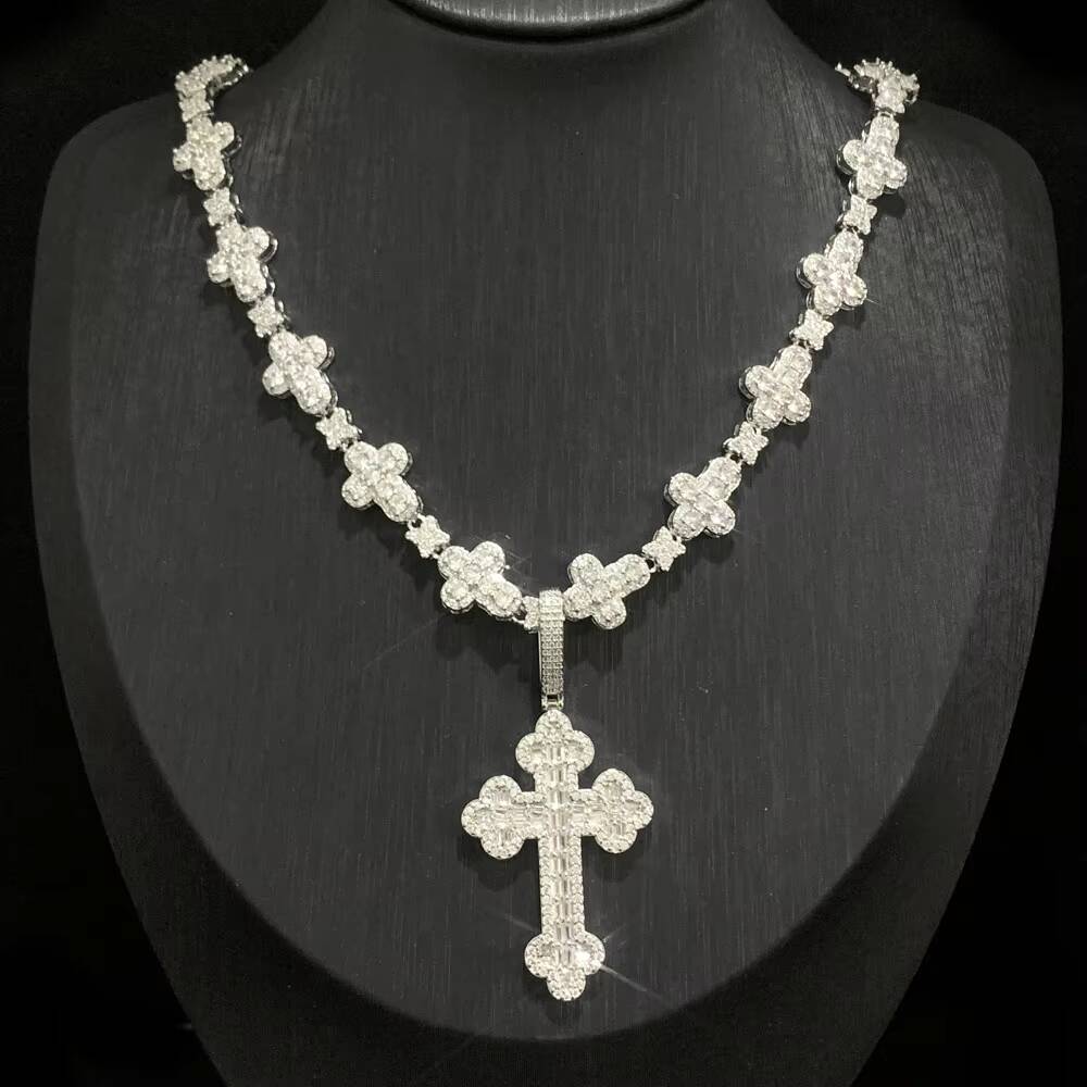 2026 In Stock Mens Fine Jewelry Set Iced Out Bling Rectangle vvs moissaniteia Hip Hop Cross Pendant Necklace Fashionable Cross Chain