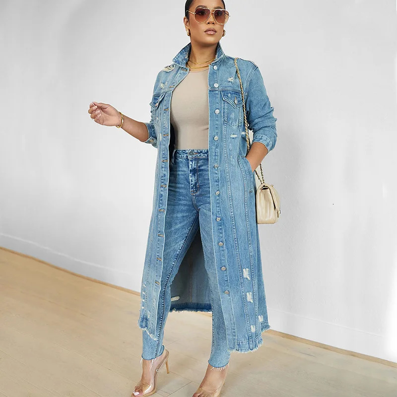 Women Long Denim Jacket Hole Overcoat Single Breasted Pockets Turn Down Collar 2024 Female Streetwear Vintage Jean Outerwear 260120