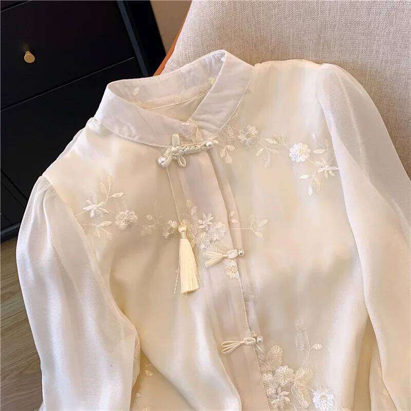 Chiffon Chinese Style Women's Shirt Summer Vintage Embroidery Blouses Loose Long Sleeves Women Tops Fashion Clothing DREAM RECALL