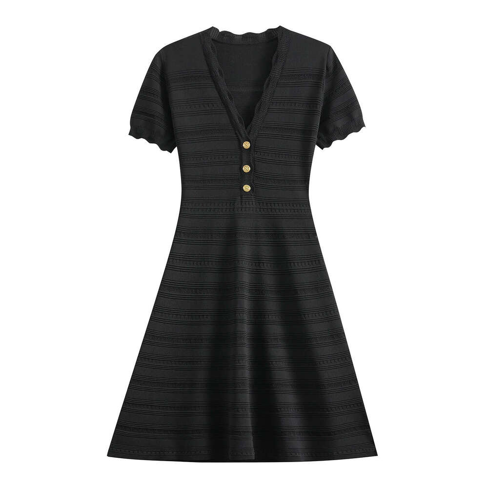 Style: 2026 Summer New Wave Edge V-neck Hollow Short Sleeve Knitted Slimming Women's Dress