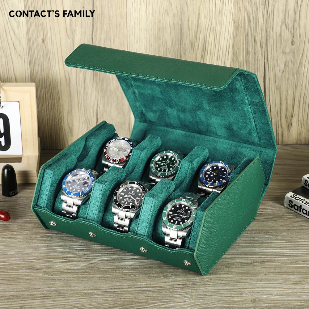 Exquisite Green Genuine Leather Hexagon Watch Display Case 2 3 4 6 8 Slots Watches Roll Box Storage Organizer Holder 260127