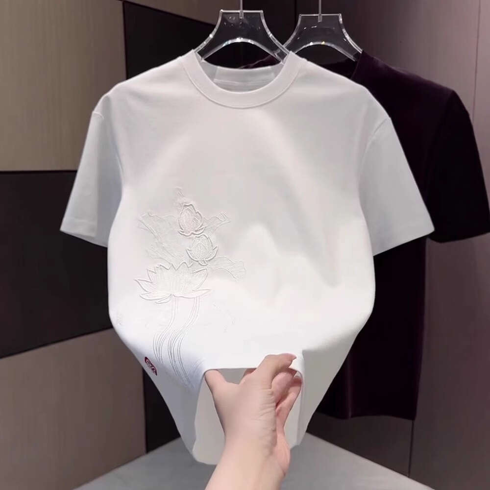New Arrivals Style Embroidery Heavy Craftsmanship Trendy Short Men's Summer New Solid Color High-End T-Shirt Round Neck Pullover Half Sleeve Luan