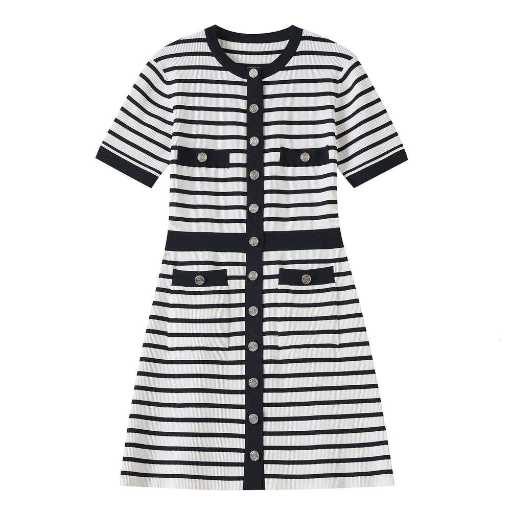 2026 Spring/Summer New French Round Neck Color blocked Striped Single breasted Short Sleeve Elegant Slimming Knitted Dress
