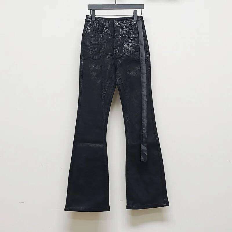 Owen Seak Mens Oil wax Jeans Classic Denim Gothic Men Coated Casual Flared Trousers High Street Solid Designer luxury Pants C260128