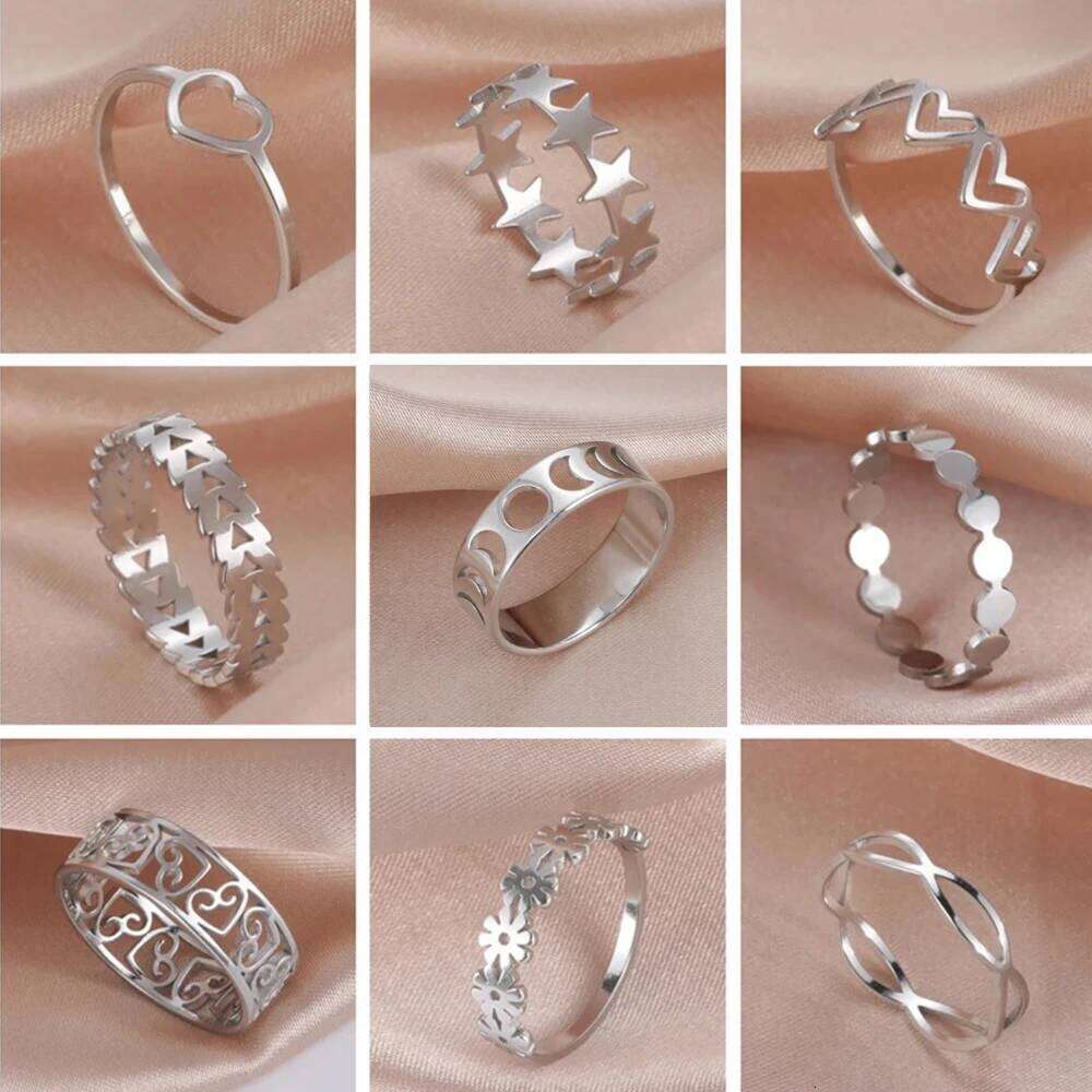 Skyrim Stainless Steel Ring Heart Star Flower Butterfly Moon Phase Geometric Women's Finger Rings Wedding Gift Wholesale XJ260127