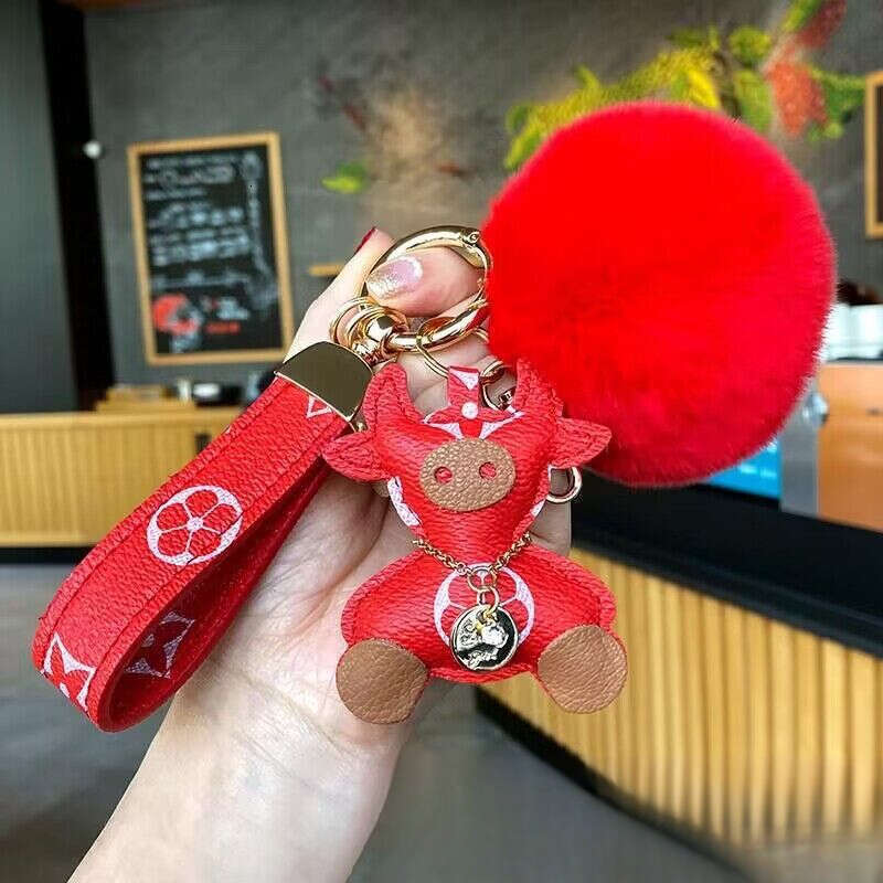 Bag Charm Keychain Monogram Pattern Cow Keychain Brown Leather Wrist Strap & Tassel Accessory for Daily Wear & Gifting