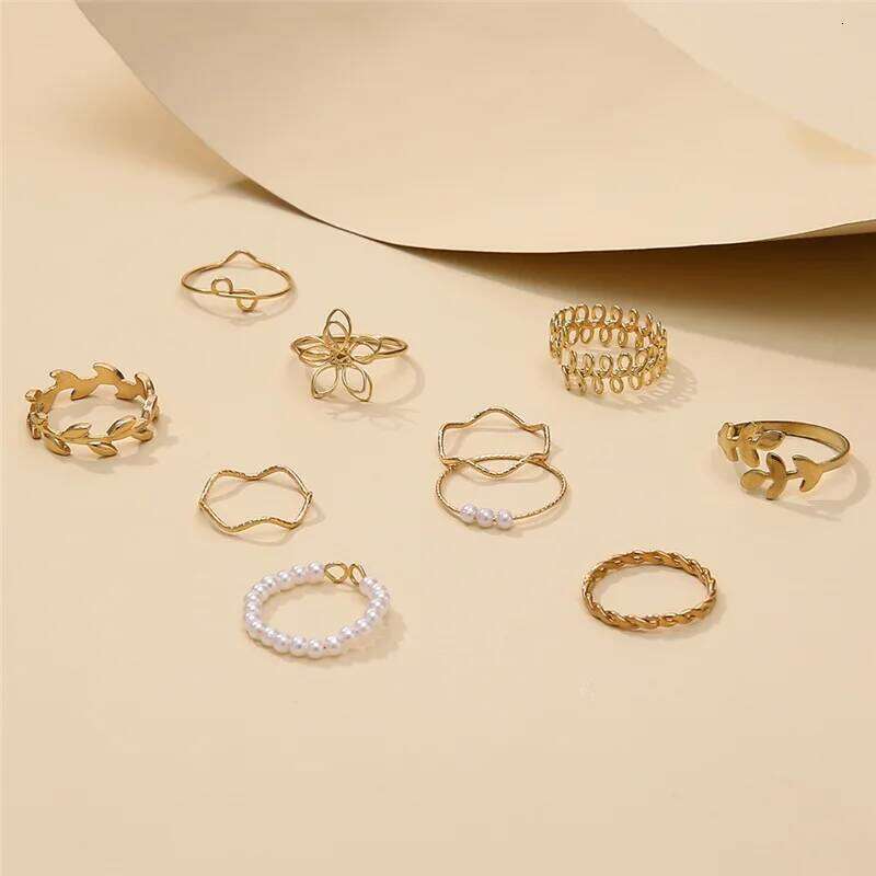 10Pcs Imitation Pearl Leaf Flower Rings Set For Women Rhinestone Butterfly Metal Knuckle Finger Ring Jewelry XJ260127