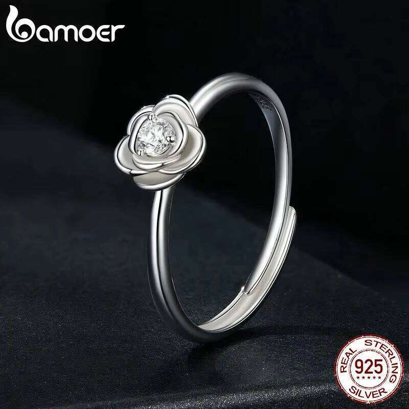 BAMOER Engagement Rings for Women, 925 Sterling Silver Big Flower Shaped Moissanite Halo Ring MSR054-E XJ260127