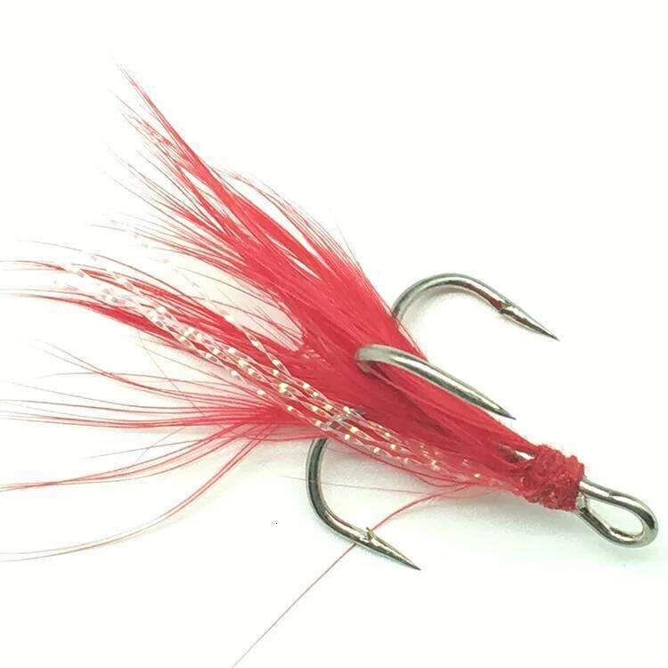 Fishing Treble Hook Lure Red White Feather Fishhook Round Base Hooks Size 2# 4# 6# 8# 10# Lot 5 Pieces Z260128