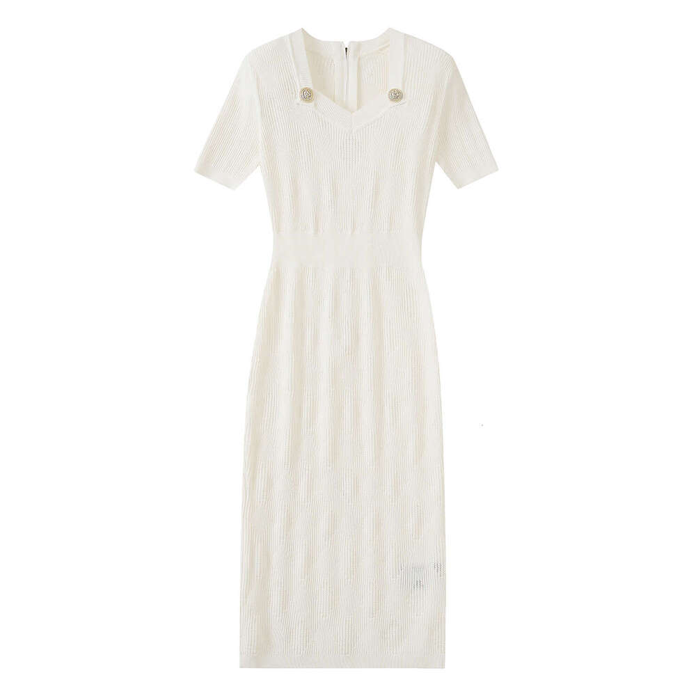 Square neck sexy and elegant women's knitted short sleeved 2026 summer metal buckle tight style dress