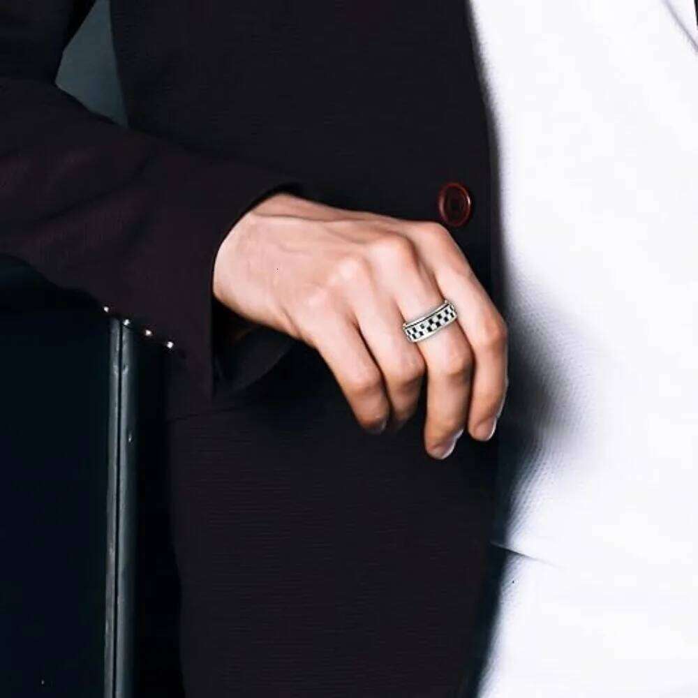 Stainless Steel Checkered Fidget Spinners Rings Black and White Checkerboard Rotate Ring for Stress Relief Spinner Jewelry XJ260127