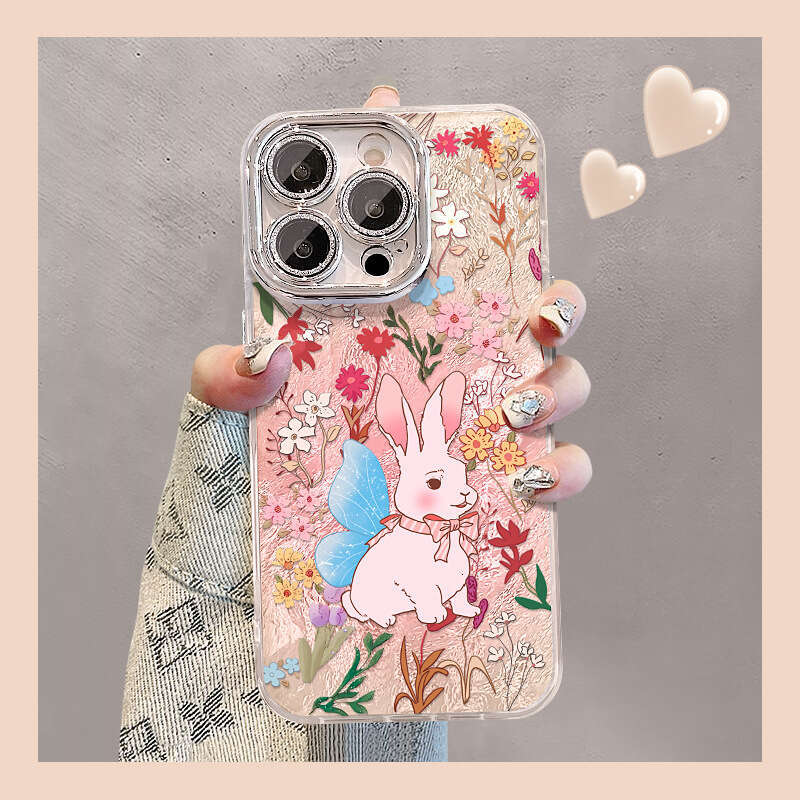 Oil Painting Floral Rabbit Case Apple 16 Pro, Full Coverage Lens Protector 15, Glacier Pattern 14, Shockproof for 13/12 S260128