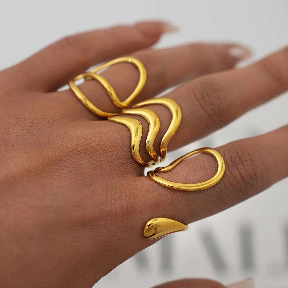 Stainless Steel Irregular Wave Rings For Women Creative Gold Color Adjustable Open Ring Female Jewelry Punk Rapper Anillos Gifts XJ260127