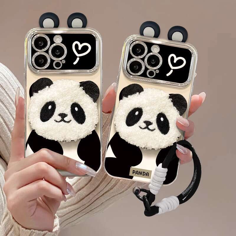 Panda Plush Ear Stand Lanyard Suitable for Apple 16PRO Phone Case 15 Electroplated 6D Window 14/13 S260128