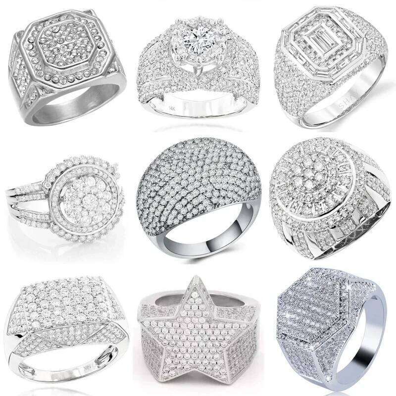 Ofertas Hip Hop Style Trendy Men Rings Copper Iced Out Bling Pave Cubic Zirconia Geometry Ring Charms XJ260127