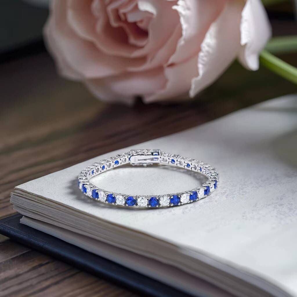 Custom Jewelry Mens 925 Sterling Silver Tennis Chain Bracelet Rhodium Plated Round Sapphire Blue VVS Moissanite Tennis Bracelet