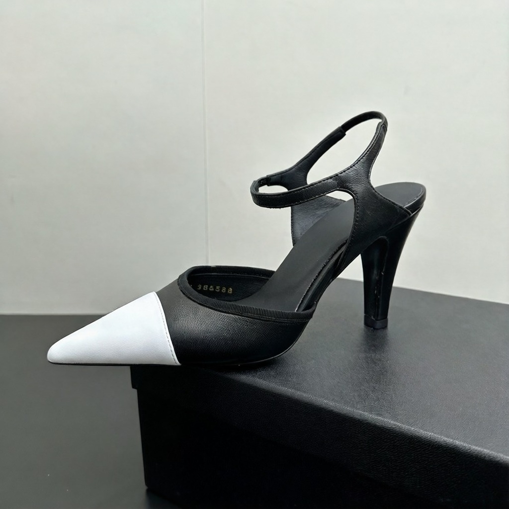 Luxury designer women ankle wrap color blocking stiletto heel shoes Top quality genuine leather pointed toe slingback shoes Fashion simple ladies evening shoes
