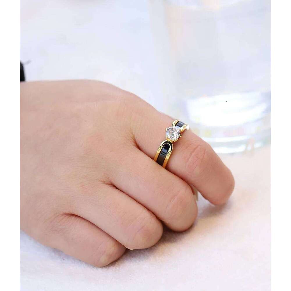 Lokaer 2 layers Black/White Ceramic Crystal Wedding Rings Jewelry AAA Zircon Stainless Steel Rhinestone Engagement XJ260127