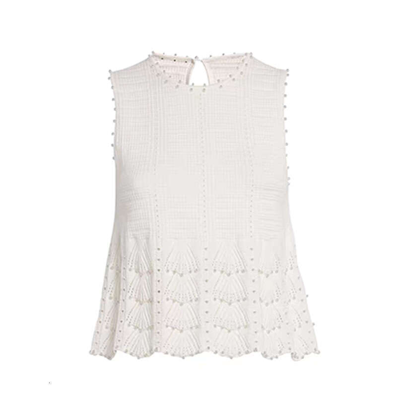 2026 Summer New French Vacation Style Round Neck Pearl Decoration White Knitted Loose Sleeveless Women's Top