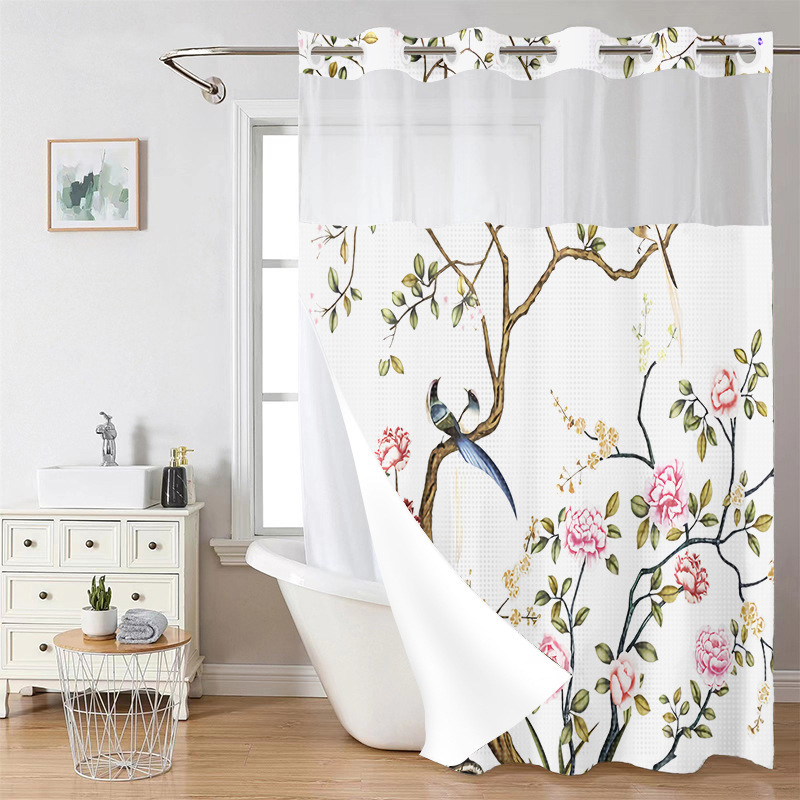 YL-38236 Hot Selling Digital Printed Double-Layer Large Ring Polyester Shower Curtain: Waterproof, Mildew-Proof, Floral Plant Bathroom Curtain