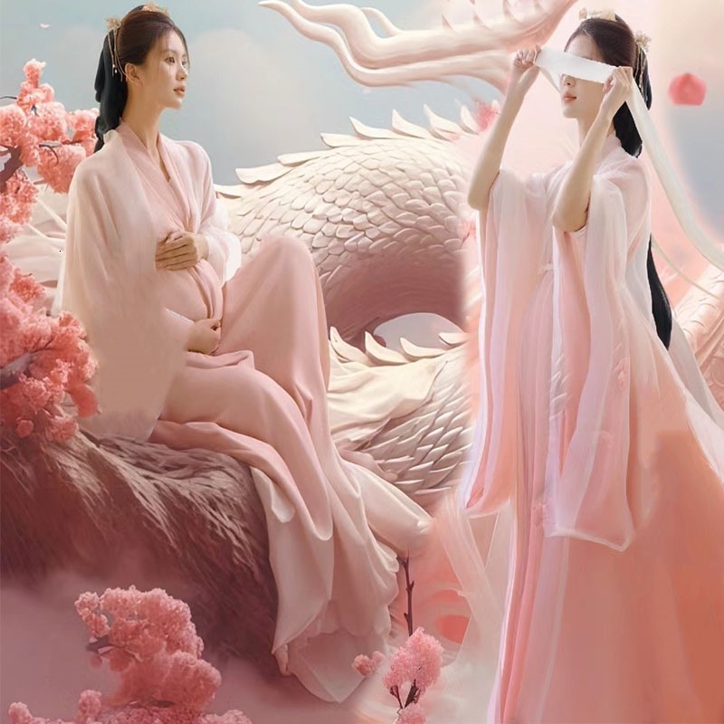 Pography Theme Maternity Chinese Style Po Shoot Outfit Pregnant Mom Big Belly Po Ink Painting Style Shooting Long Dress 240507