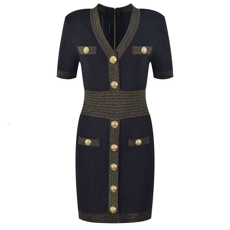 Light luxury 2026 designer summer gold thread slim fit V-neck short sleeved knitted MIDI dress