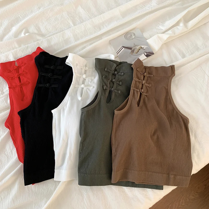 ITOOLIN Elegant Women Chinese Button Tank Tops With Bra Pad O-Neck Sleeveless Tank Tops For Women Sexy Crop Tops All-Match 260128