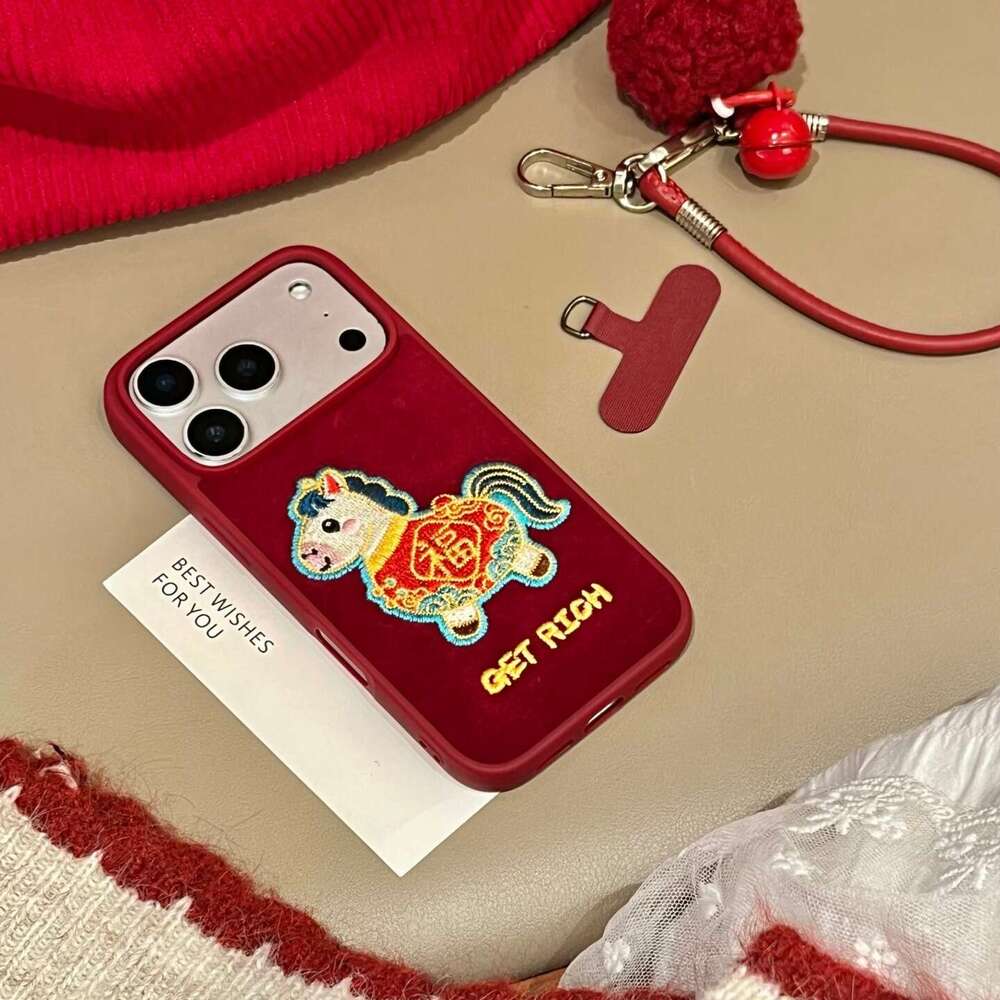 New Red Embroidered Fu Character Horse Year Suitable for Apple 17 Pro Max Phone Case iPhone 16/15/14 with Hand Strap S260128
