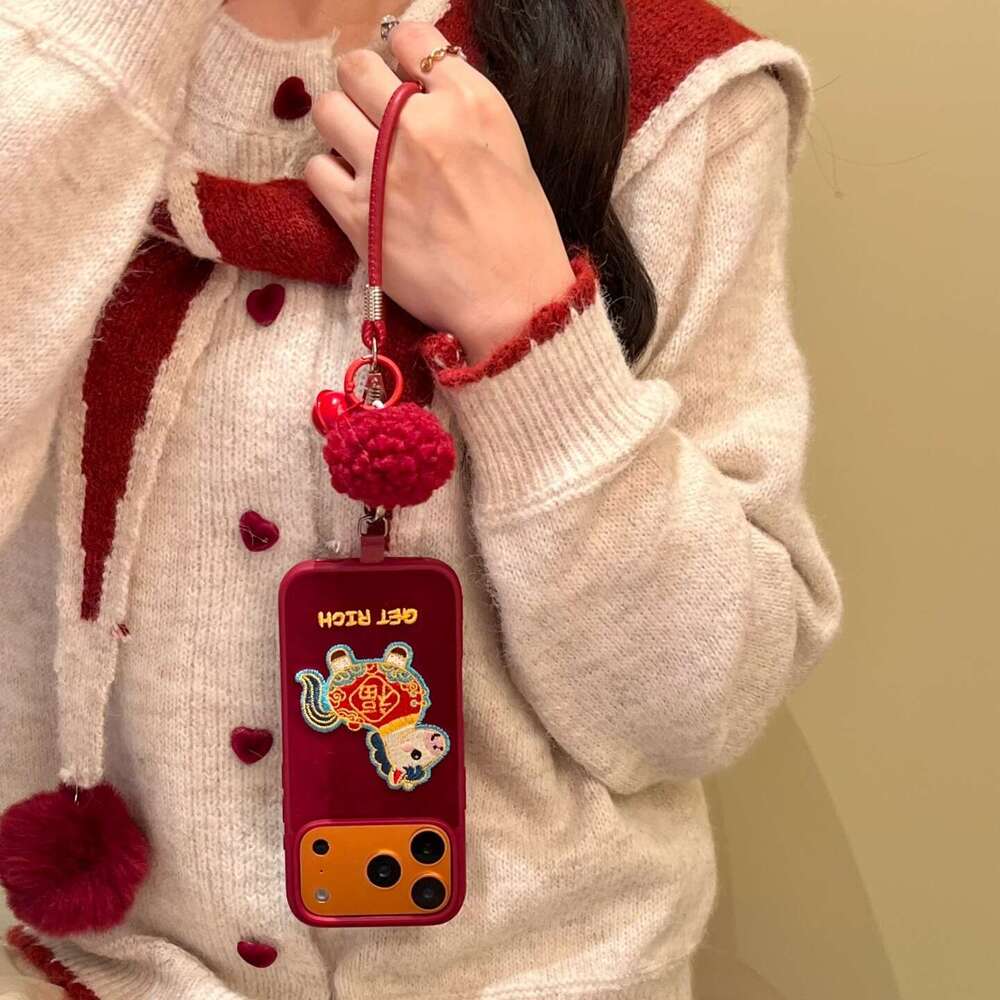 New Red Embroidered Fu Character Horse Year Suitable for Apple 17 Pro Max Phone Case iPhone 16/15/14 with Hand Strap S260128