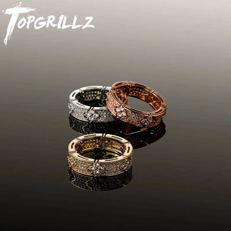 TOPGRILLZ 6MM Iced Out Flower Ring Full Micro Pave Bling Cubic Zirconia Round Engagement Wedding Rings for Women Men XJ260127