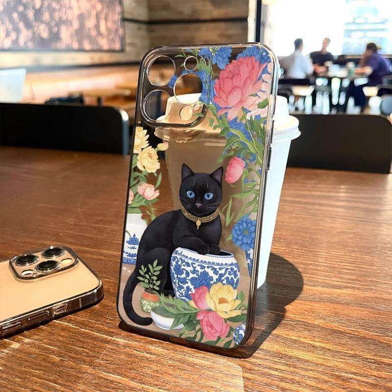 Blue and White Porcelain Peony Black Cat Case for iPhone 16, 15 Pro Max, Niche 14 Pro, Apple 13/12 S260128