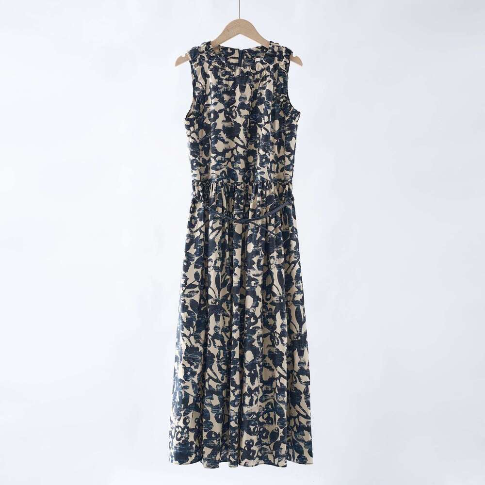 2026 Summer New Designer Cotton Poplin Printed Round Neck Sleeveless Dress for Women with Belt
