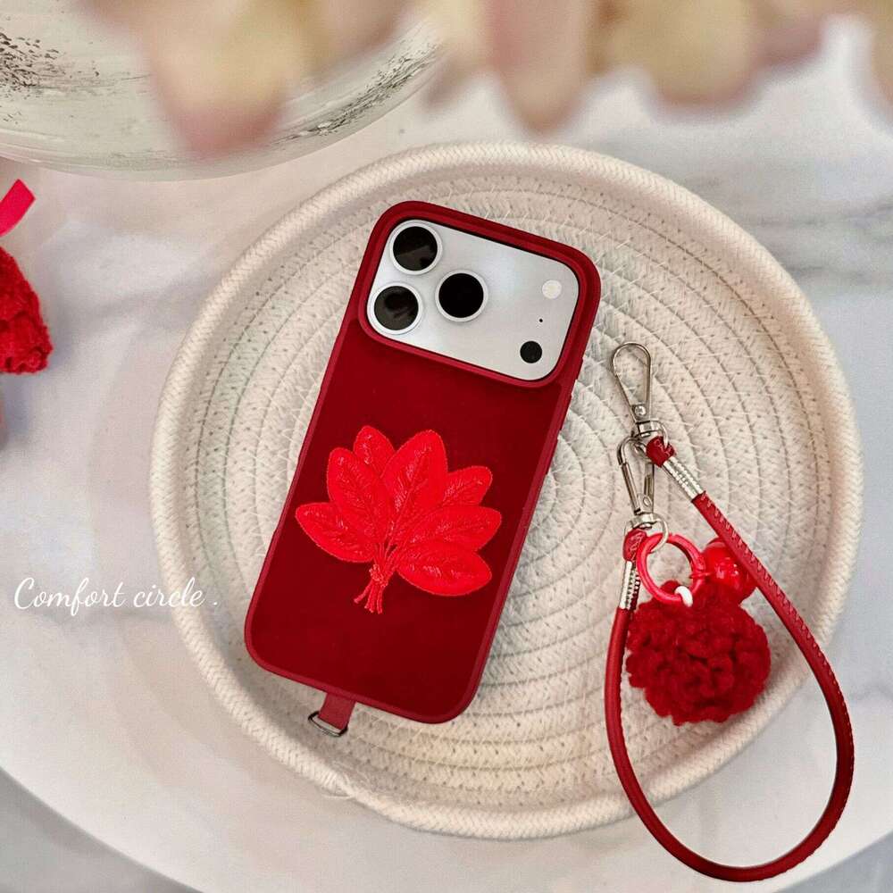 Embroidered Red Grapefruit Leaf Case for Apple 17 Pro Max iPhone 16/15/14 with Strap and Pom-Pom S260128