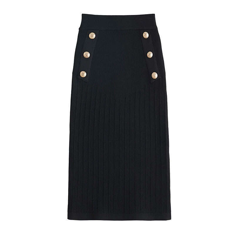 2026 autumn and winter new high-end small fragrance gold buckle knitted bottom mid waist high waist slim fit skirt
