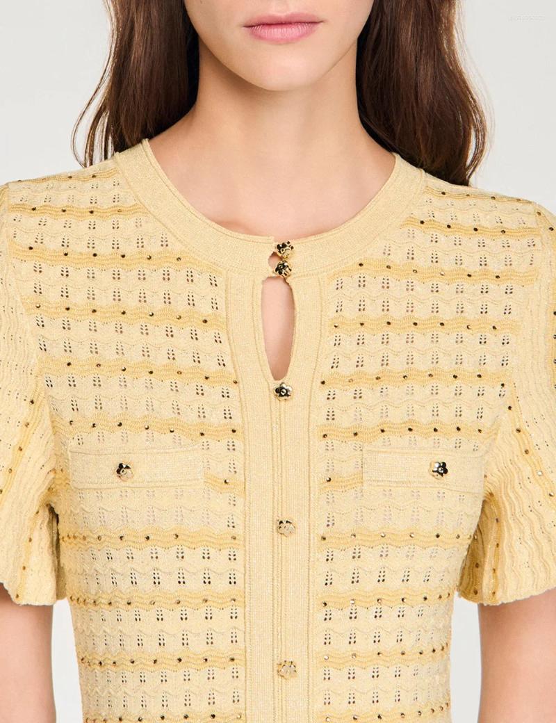 Casual Dresses Women's Knitted Midi Dress Elegant Round Neck Diamond Embellished Waist Cinched Ladies Short Sleeved Long Robe With Buttons