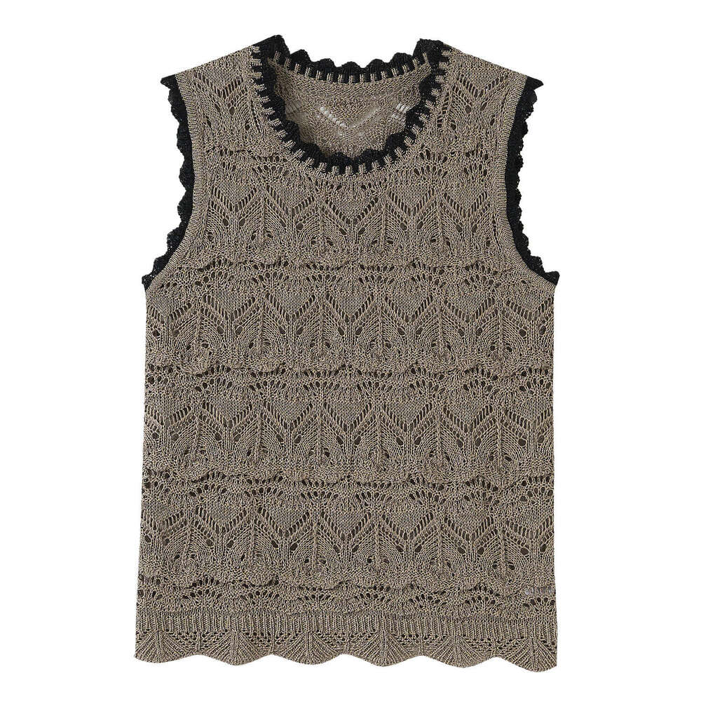 2026 Summer New French Design Knitted Hollow Crochet Needle Color blocked Round Neck Sleeveless Vest Linen Women's Top