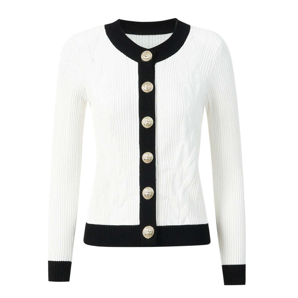 2026 Autumn New Social Style Twisted Black and White Metal Buckle Women's Knitted Short Cardigan