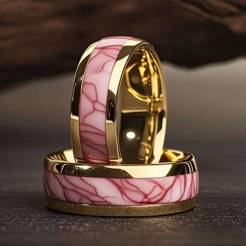 8MM Fashion Pink Abalone Shell Inlay Men's Unique Gold Color Wedding Engagement Stainless Steel Rings Women Party Ring XJ260127
