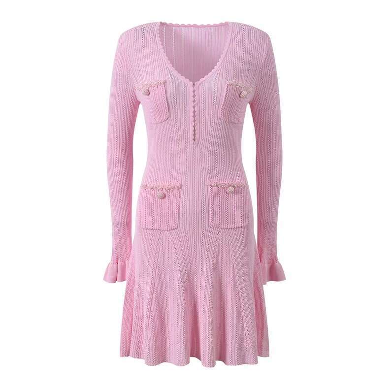 2026 Autumn New V-neck Diamond Button Four Pocket Design Fashionable Hollow Knitted A-line Dress