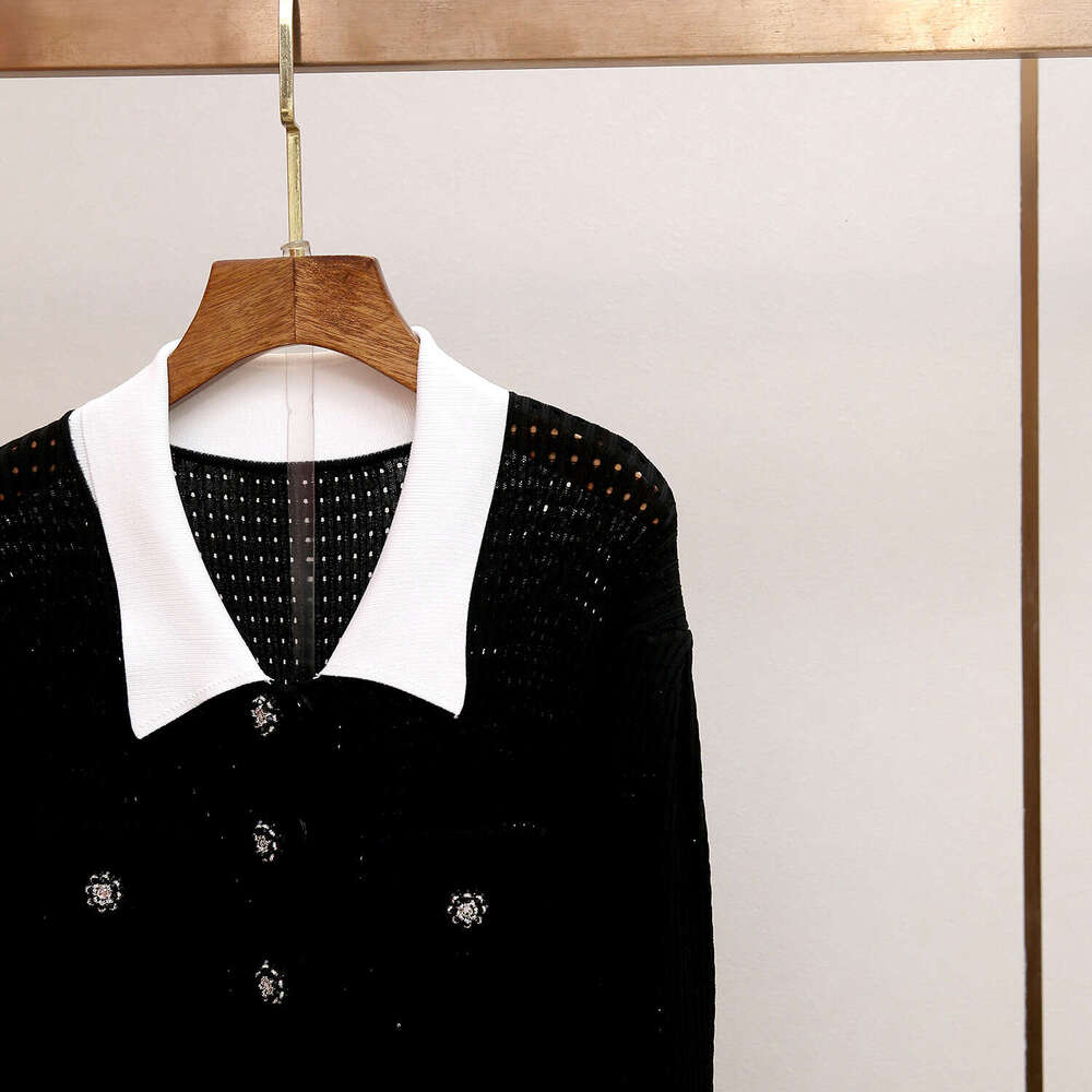 2026 autumn and winter new French style small fragrance color blocked lapel fake two-piece waistline patch long sleeved knitted women's dress