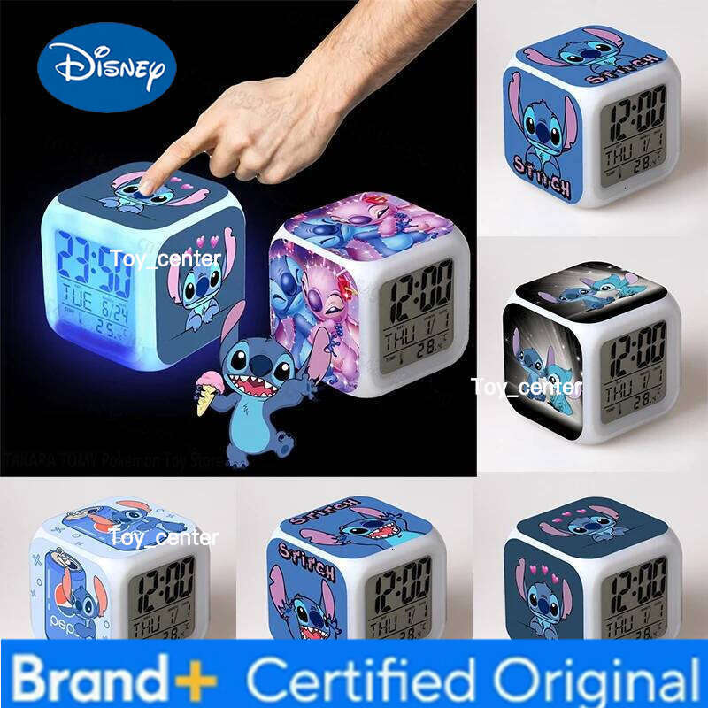 Disney Stitch Alarm Clock Anime Figure Angel Led Nightlight 7 Color Change Student Desk Decoration Toys Accessory Kids Gifts H260128