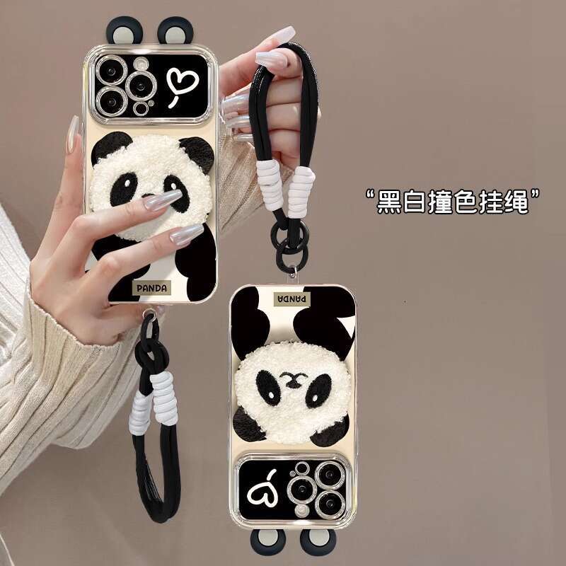 Panda Plush Ear Stand Lanyard Suitable for Apple 16PRO Phone Case 15 Electroplated 6D Window 14/13 S260128