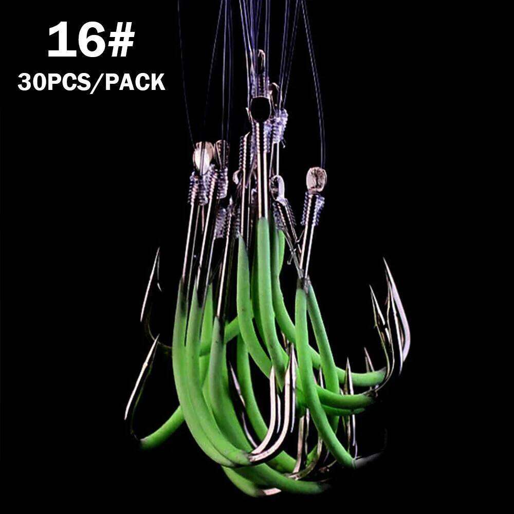 30pcs/lot Night Fishing Hook Glow In Dark String Hooks 16-24# Luminous Crank Nake Single Fishhook Freshwater & Saltwater Z260128