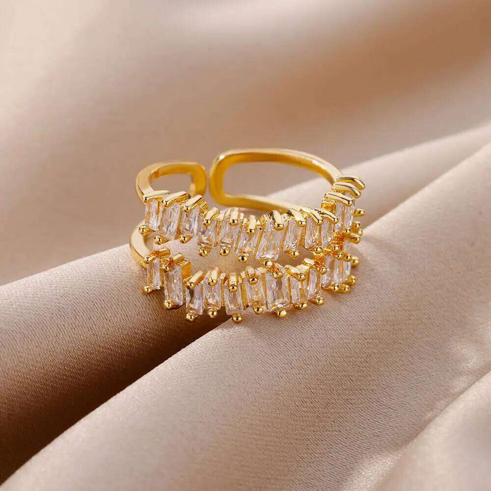 Double Layer Zircon Rings for Women Adjustable Gold Plated Stainless Steel Ring 2023 Trending Wedding Aesthetic Jewelry aretes XJ260127
