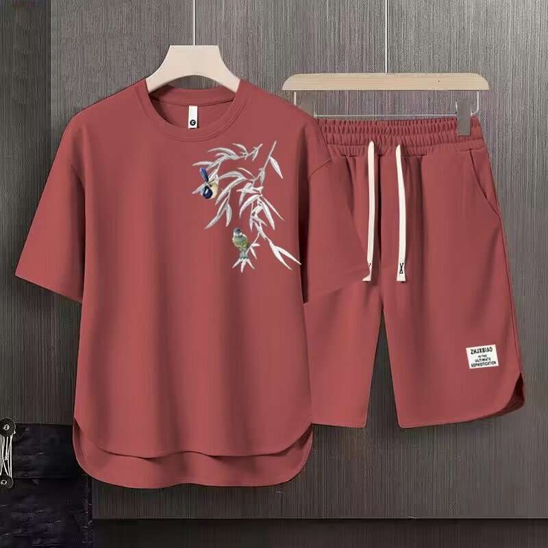 New Arrivals Trend Waffle For Men Summer New Chinese Style Green Bamboo Print Split Shorts Ins Half Sleeve T-Shirt Full Set Luanyun