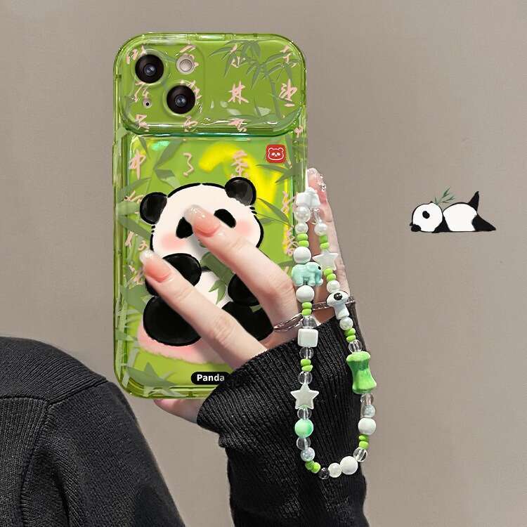 Compatible with Apple 15 Transparent Phone Case iPhone 14 Pro Chinese Style Bamboo Forest Panda Chain 13/12 Flip Cover Mirror S260128