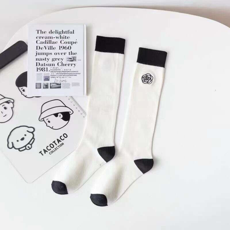 Black and White Color-Block Embroidered Calf Patchwork Leg Ins Trend Japanese College Style JK Long Tube Knee-High Socks