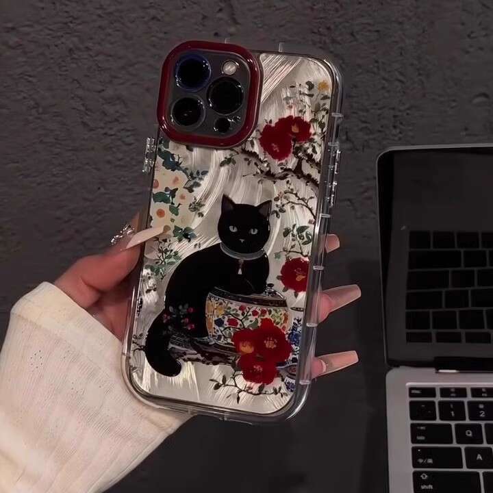 Plum Blossom Black Cat Compatible with Apple iPhone 17 Case Huawei Mate 70 Shockproof 12 Couple Style 11 High-end Feel S260128
