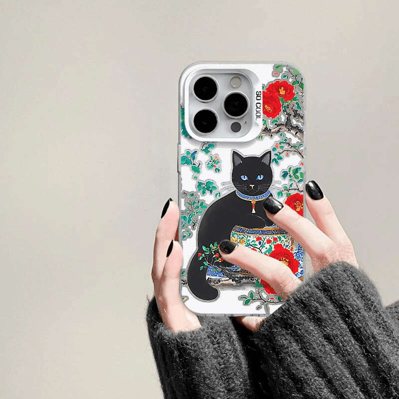Oil Painting Peony Black Cat for Apple 15 Pro Max High-Value Phone Case iPhone 16 Cartoon 14 Premium S260128